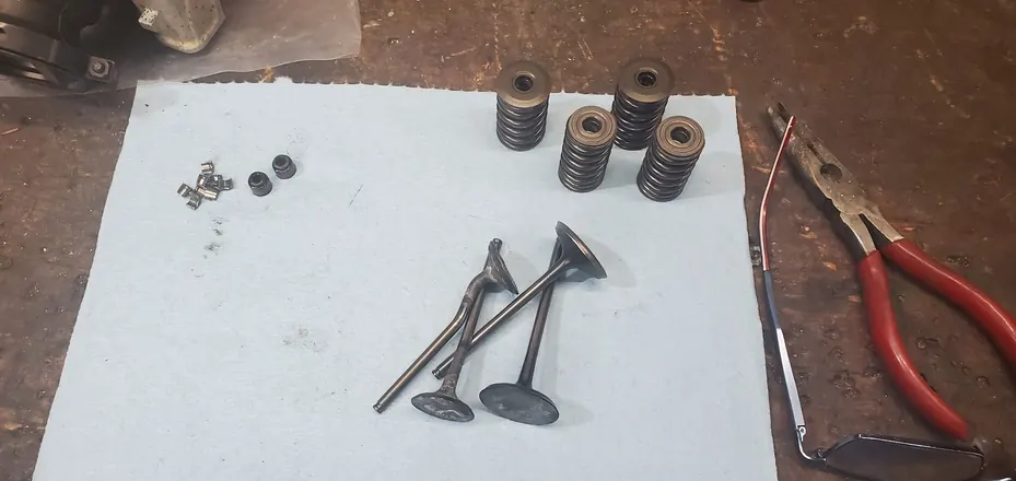 Valves, springs and seals laid out after teardown, including a bent valve
