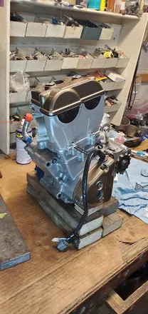 Finished four-stroke engine on the workbench, ready to go back in the frame
