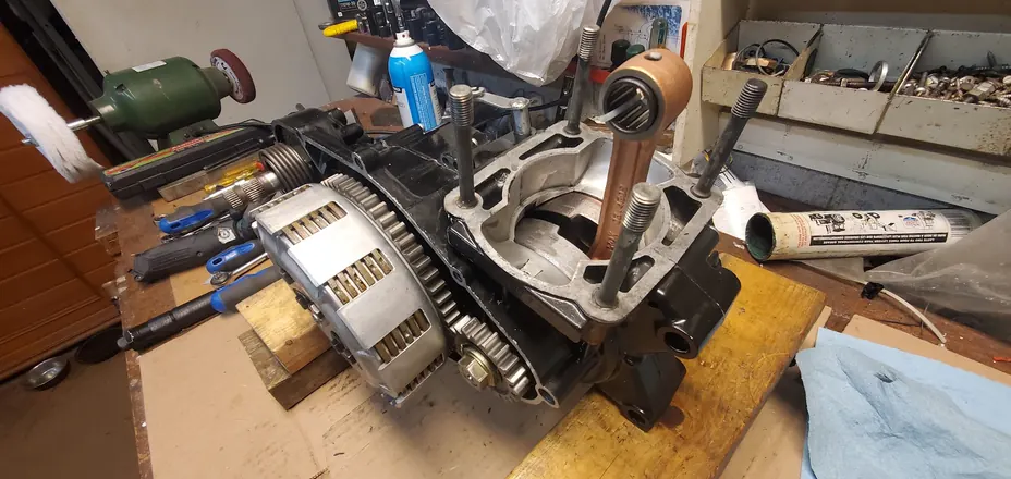 Vintage two-stroke bottom end with the connecting rod and clutch basket installed