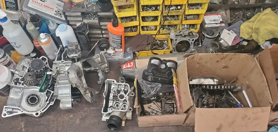 Four-stroke engine fully torn down, with the cylinder head, cases and parts laid out