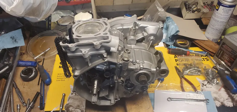 Four-stroke bottom end with a new cylinder and timing chain installed