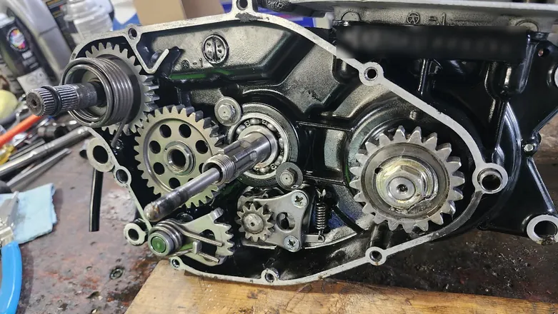 Vintage two-stroke engine case with the kickstart and shift gears installed